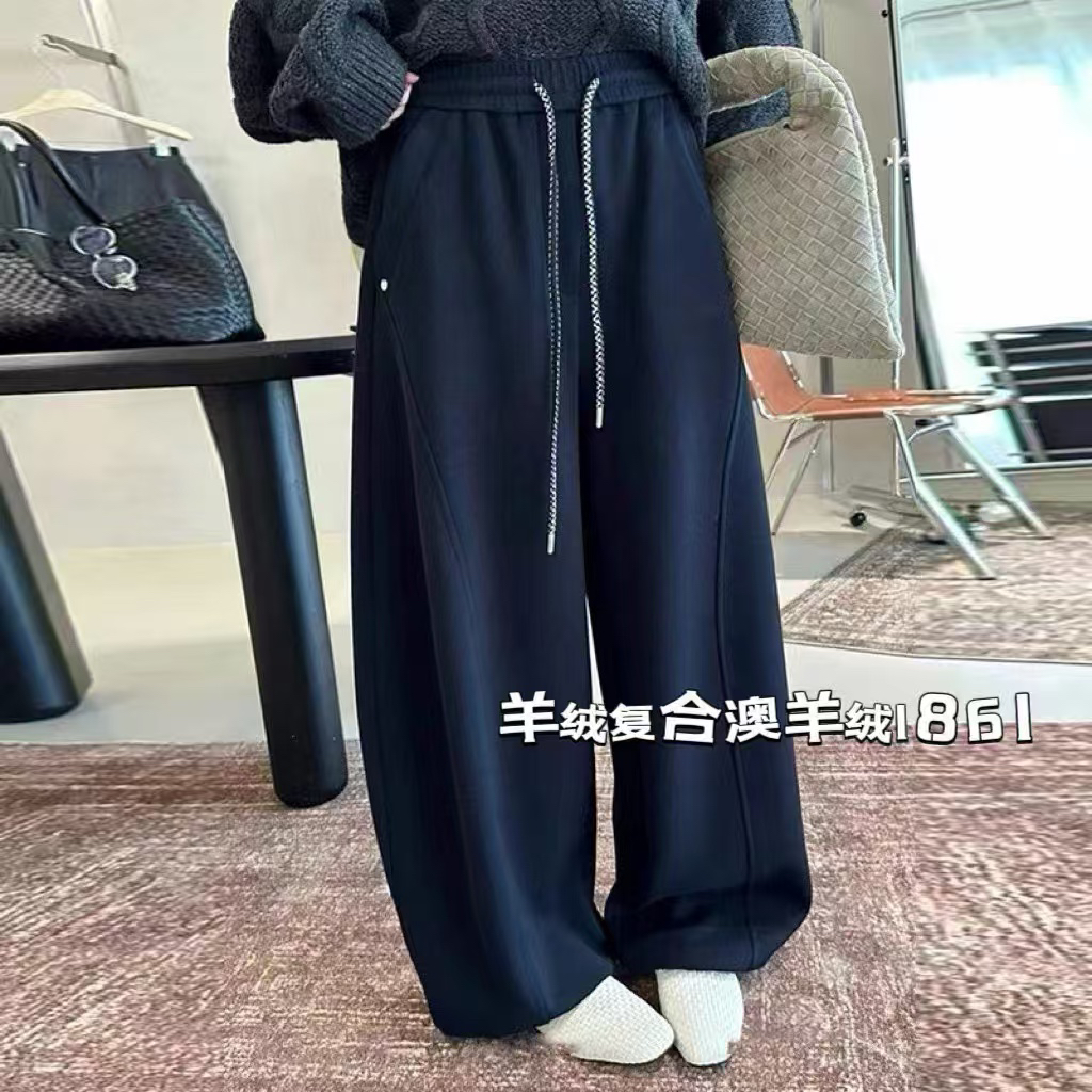 秋冬加厚加绒灰色弯刀裤女宽松抽绳运动休闲阔腿糯米裤