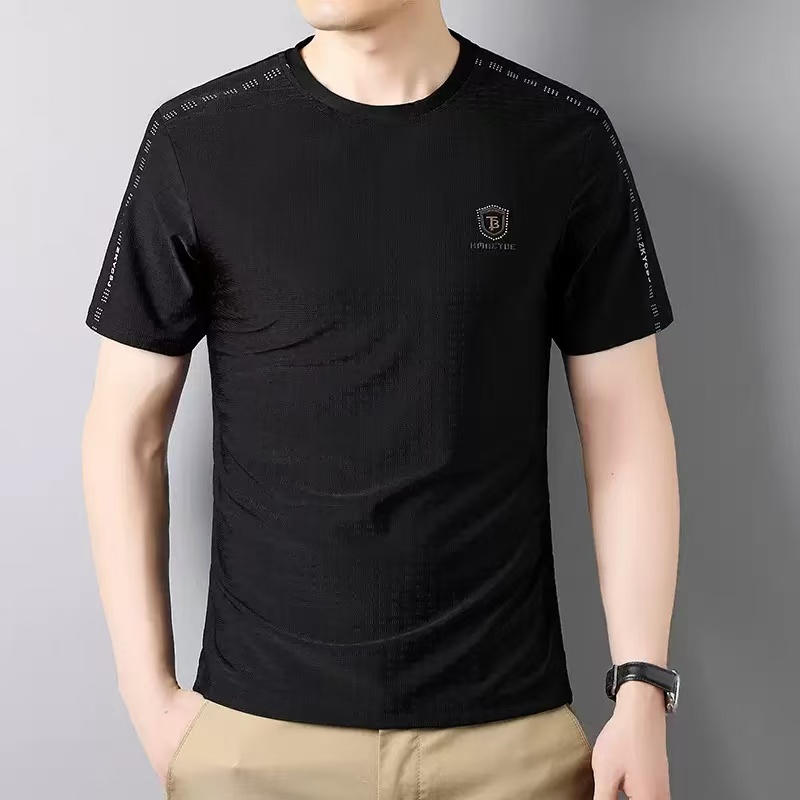 夏季b金男士圆领条格短袖