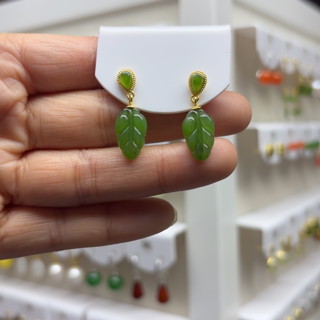 和田玉银S925镶嵌耳饰放漏