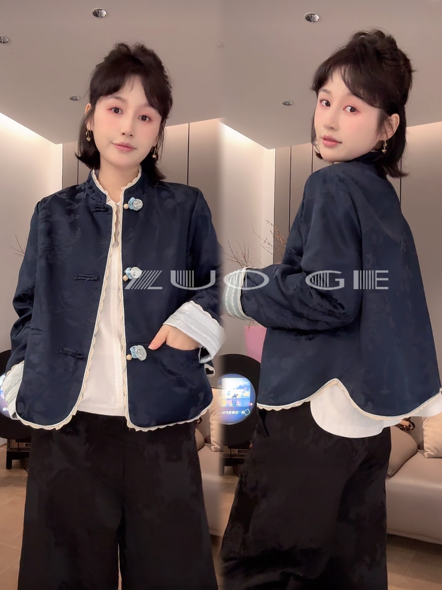 新中式国风花边提花立领盘扣外套高级感W