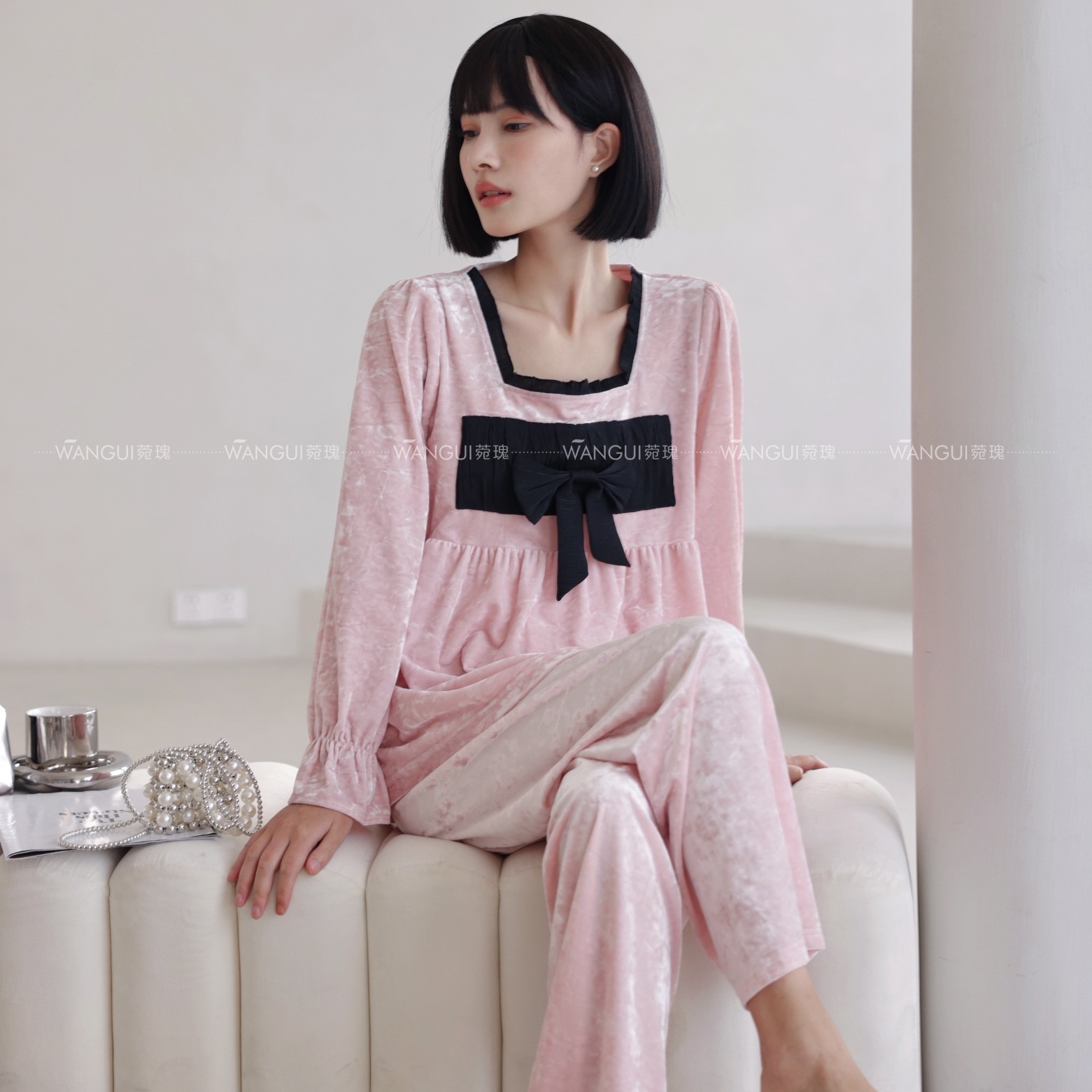 WG正品睡衣女秋冬季金钻绒金丝绒套装花边公主风高级感长袖家居服