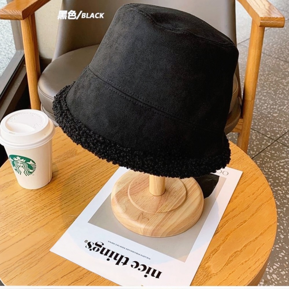 秋冬双面鹿皮绒水桶帽内里羊羔绒防寒保暖复古纯色百搭潮流盆帽