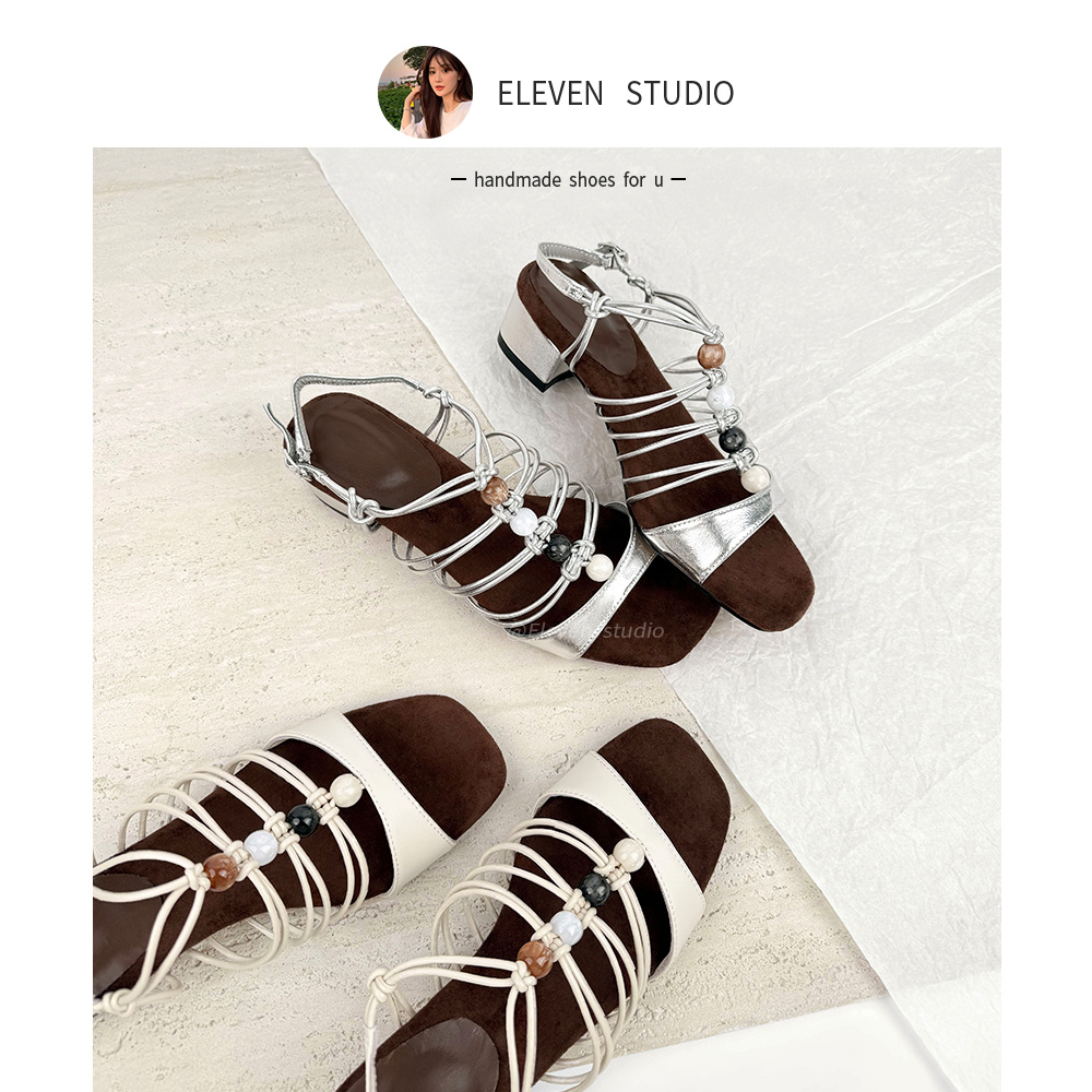 【王11】夏季设计感方头波西米亚串珠时尚罗马凉鞋 4CM/春野