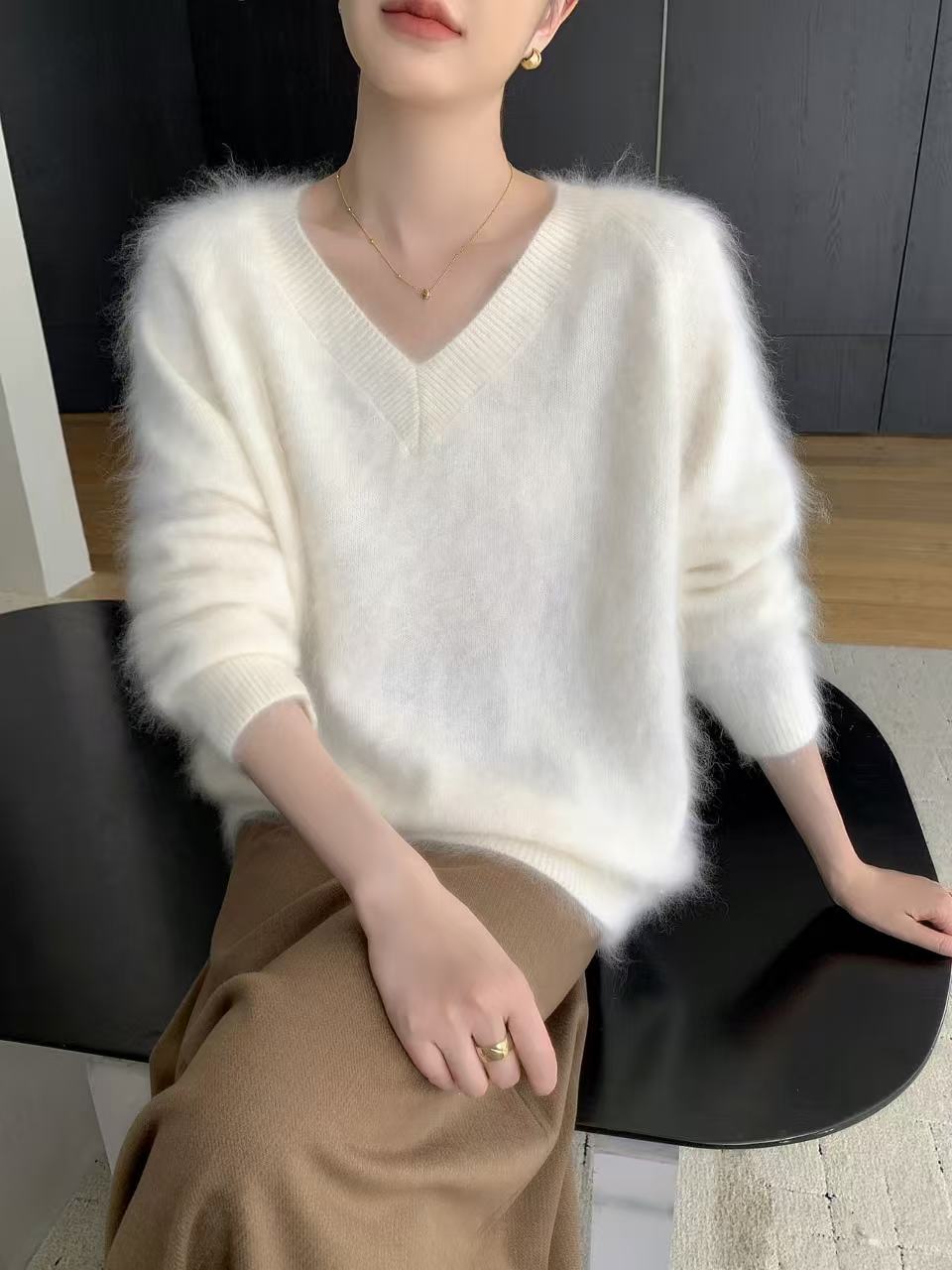 【鑫绒毛衣】加厚女纯色V领针织无缝V领羊绒衫上衣圆领Y000-A306