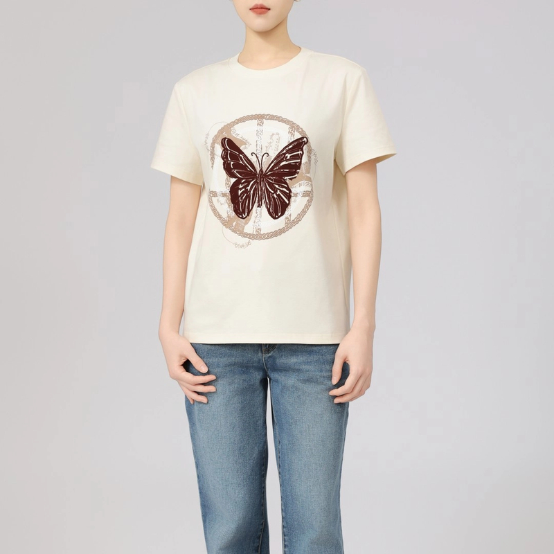 AMASS阿玛施春季新款白色纯棉圆领休闲蝴蝶印花短袖上衣T恤530082