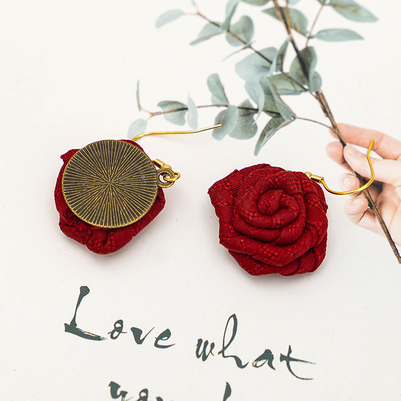 合金布艺耳饰 玫瑰花925银香云纱桑蚕丝耳饰耳钉民族风中国风耳坠