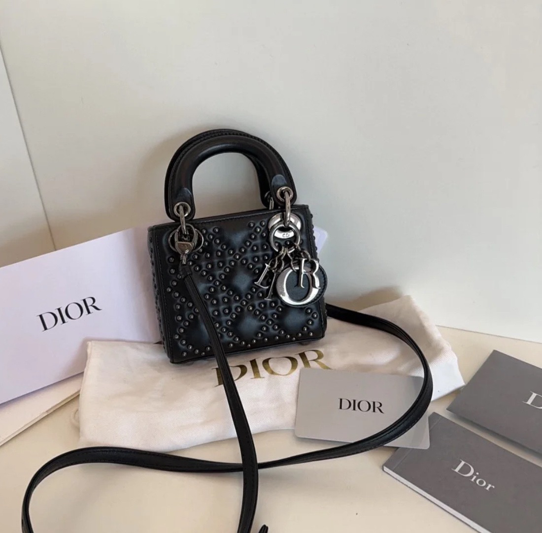 95新 DIOR/迪奥 黑银铆钉mini戴妃三格 12cm 14179629