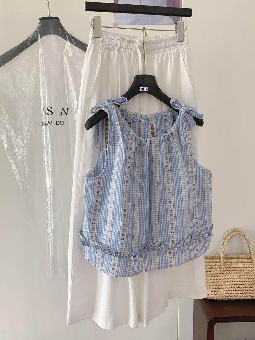 susan@H7329 甜美格子系带花边拼接无袖小衫 7-9