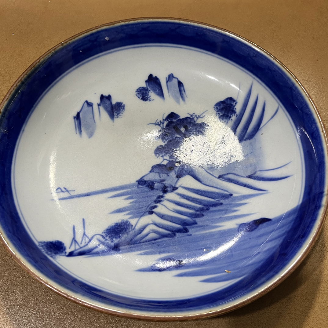 舶来精美老底青花手绘山水深盘（24.5*8cm)年代痕迹介意勿拍陶瓷