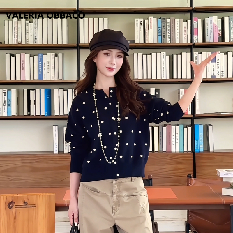 VALERIAOBBACO/瓦莱丽娅 奥贝科VO花边领藏青色灰色波点针织开衫