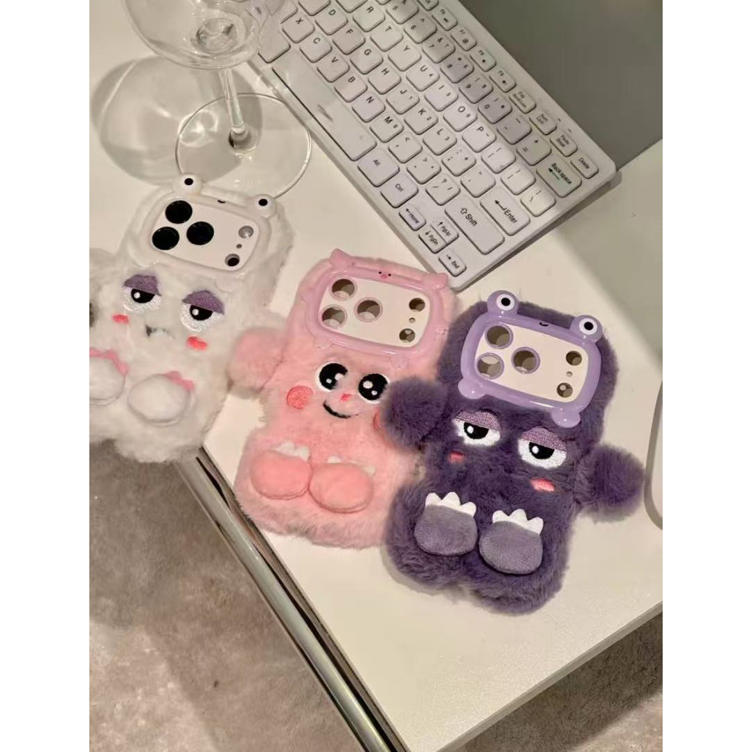 秋冬卡通困困眼适用iphone17promax苹果16毛绒手机壳15华为14女13