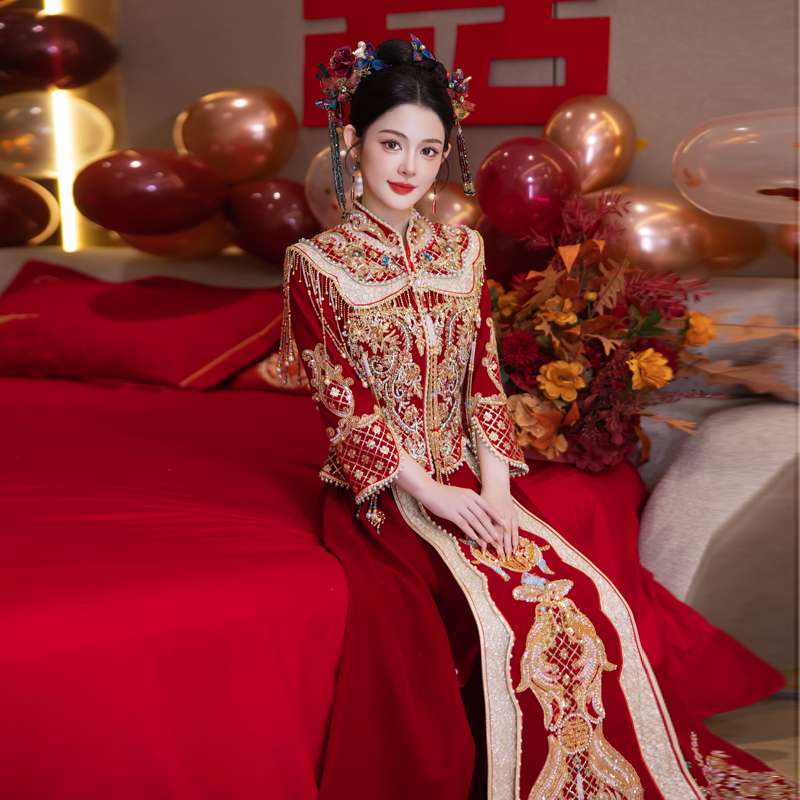 重工结婚秀禾服大码显瘦胖mm200斤中式出阁婚服新娘嫁衣高级丝绒