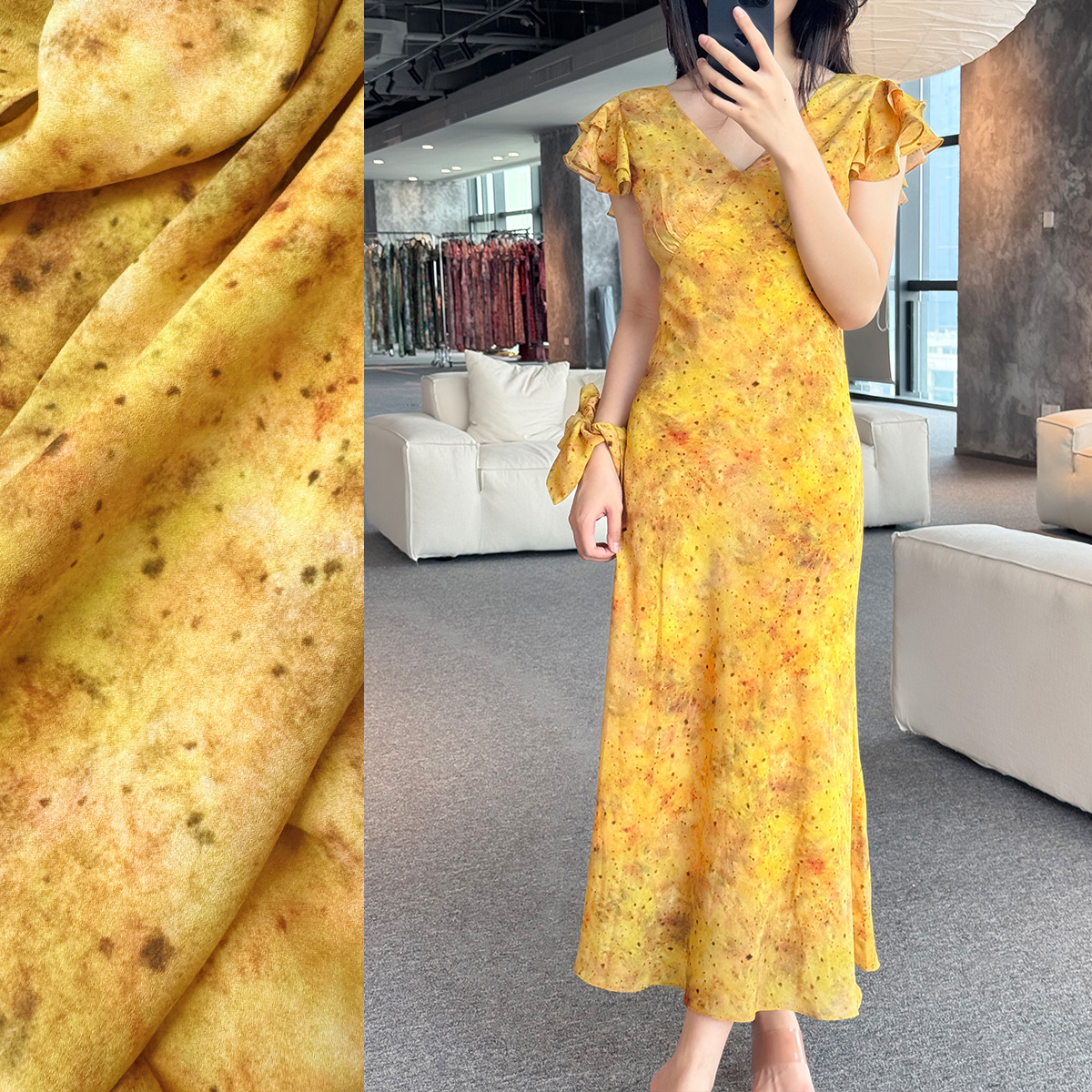 【黄色斑斓晕染】桑蚕丝飞飞袖修身连衣裙TX06QZ1090