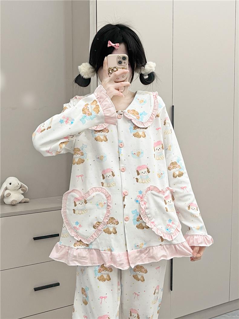 原创！奶蓝小狗甜美春秋长袖长裤女卡通睡衣可爱娃娃领家居服套装