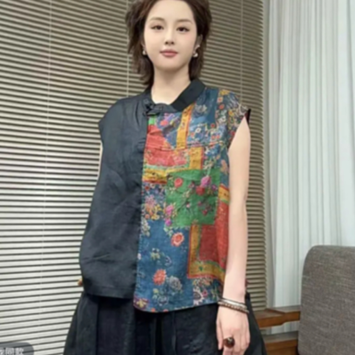 正版苎麻新中式不对称拼接小盘口夏季上衣《没吊牌》印花