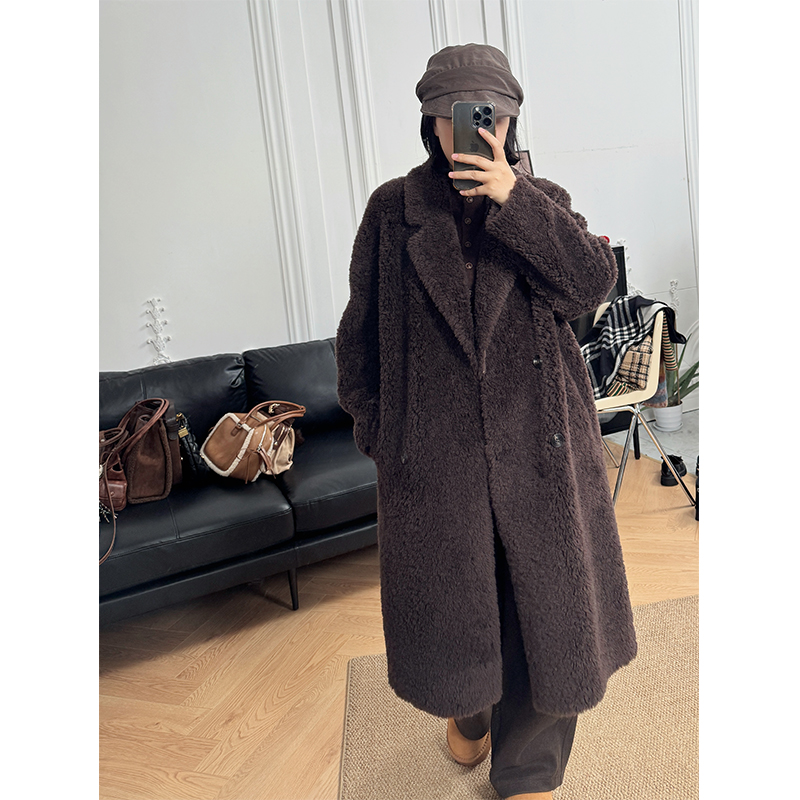 树小井超软糯！100%绵羊毛西装领羊羔毛外套宽松羊剪绒长款大衣冬