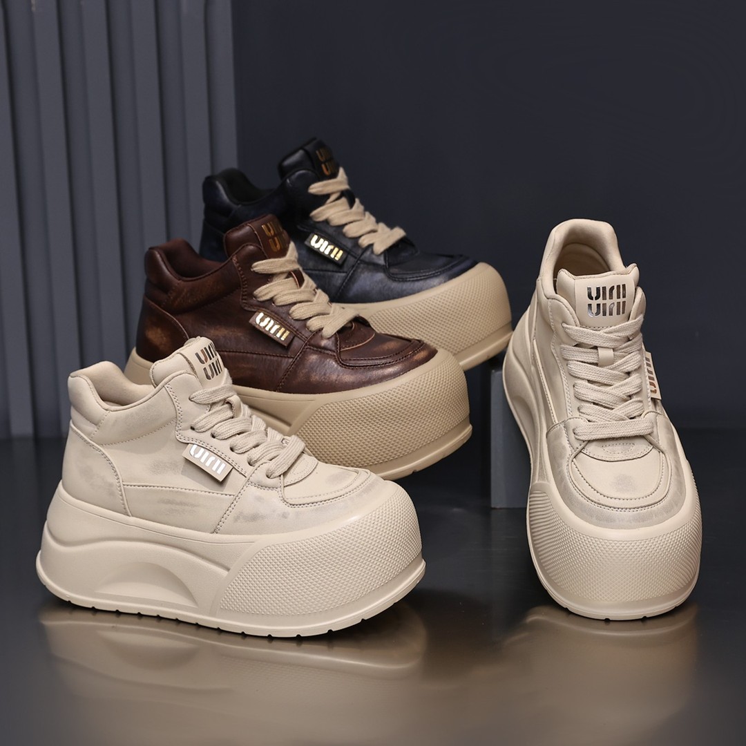 五S【单鞋-加绒】5CM厚底高帮擦色小白鞋女2025年小个子复古板鞋