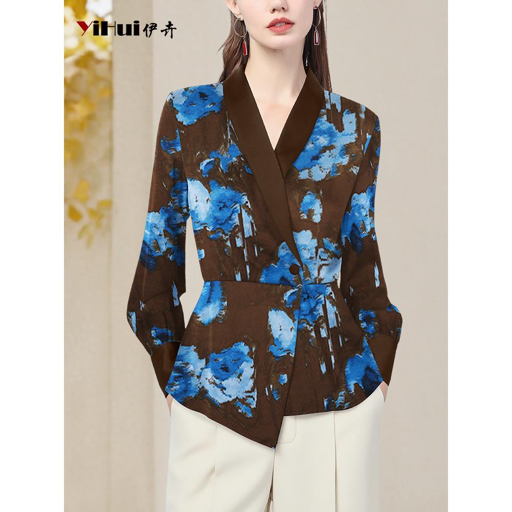 YIHUI伊卉设计感印花衬衫女不规则时尚上衣气质西装领SH257197