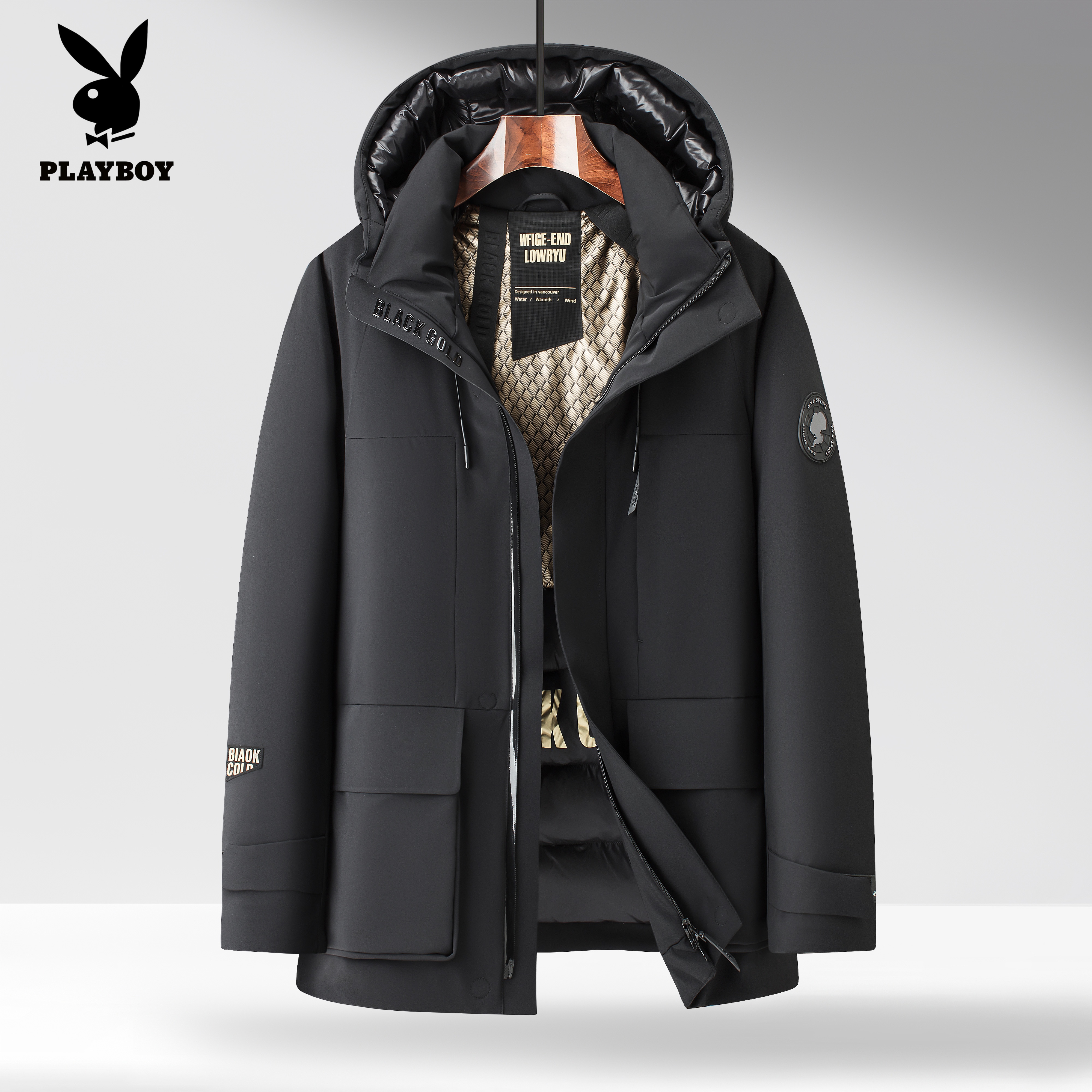 花花公子冬季时尚百搭鸭绒男士休闲中长款连帽服羽绒服保暖冬装