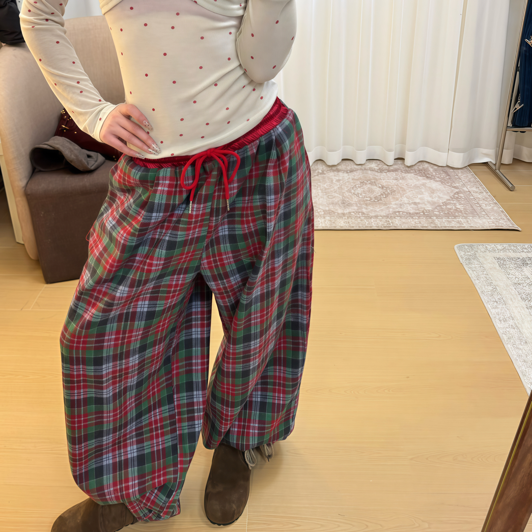 红格阔腿裤女圣诞氛围感森系撞色腰头高腰百搭休闲裤
