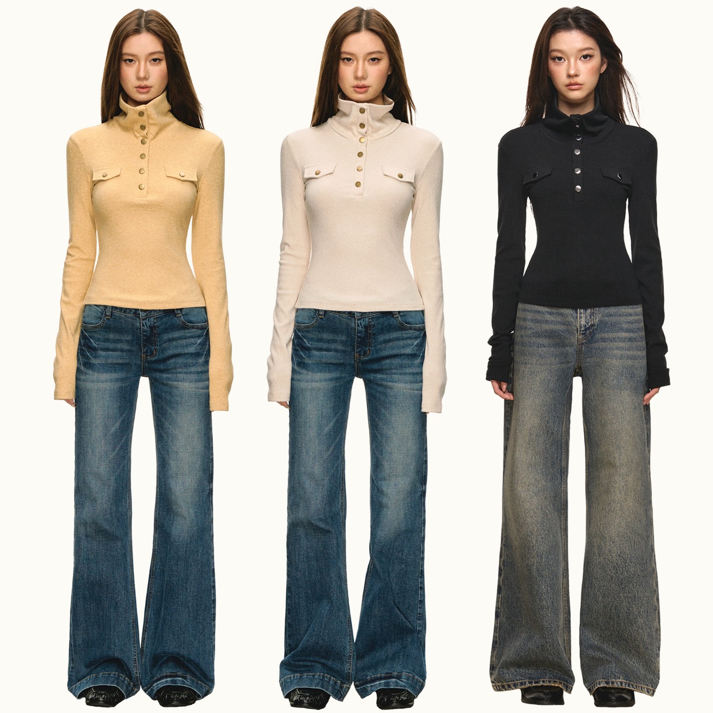 anna aneae立领假口袋打底衫女秋冬季设计感独特修身正肩长袖上衣