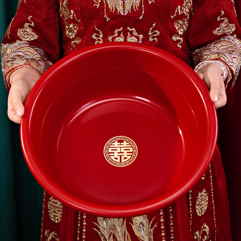 结婚喜盆红色喜字脸盆新娘陪嫁喜盆洗脸盆加厚红色塑料盆婚庆用品