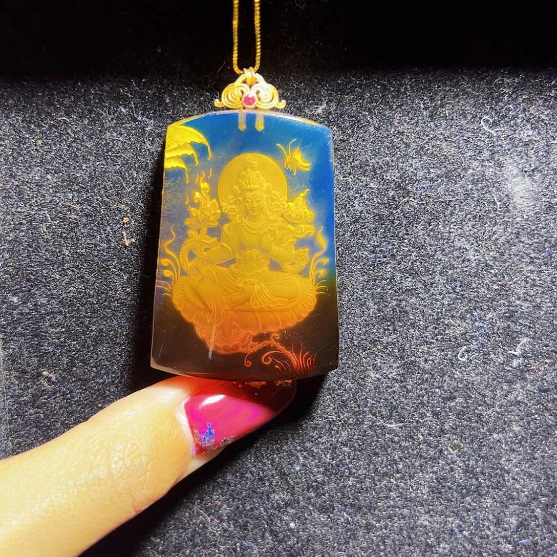 蓝珀珠宝奇石18K金镶嵌18k红蓝度母方牌17g收藏级