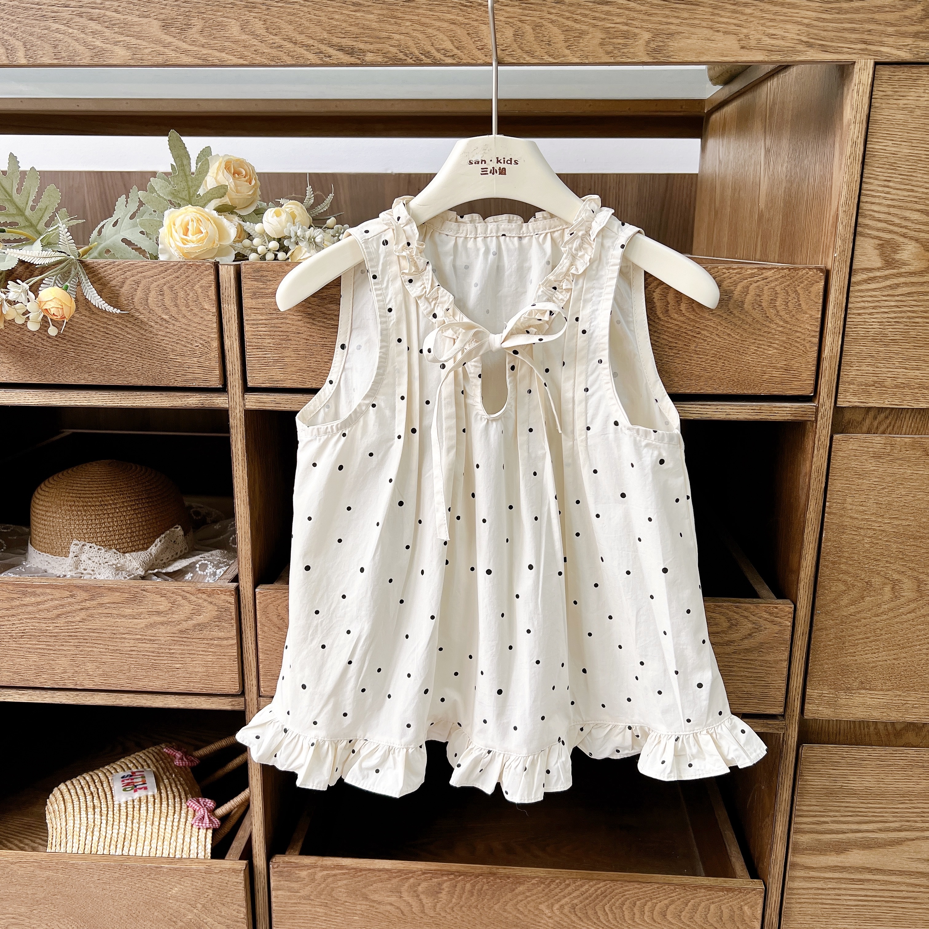 【棉布 娃娃衫】25826（波点杏）上衣 女童韩版 花边领无袖波点娃娃衫