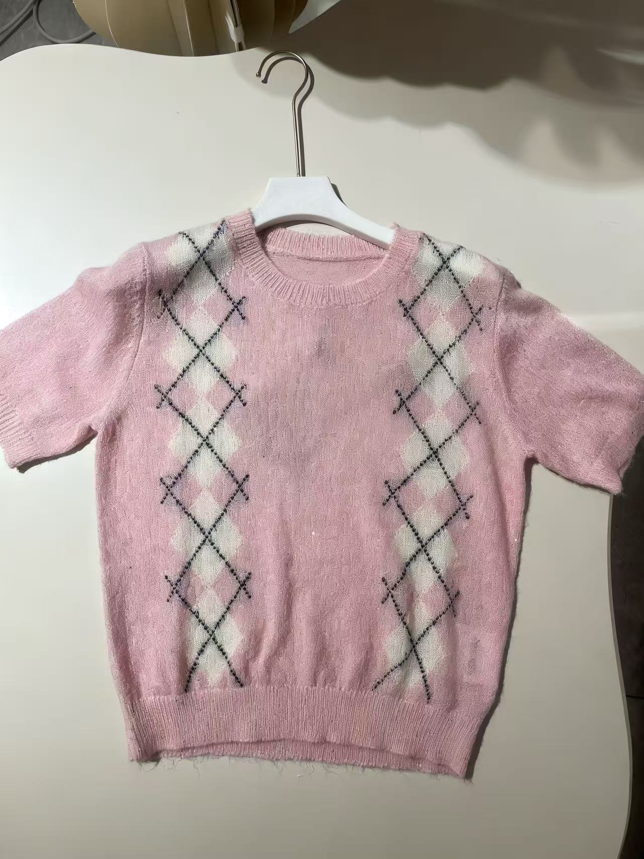 撞色薄羊毛针织半袖