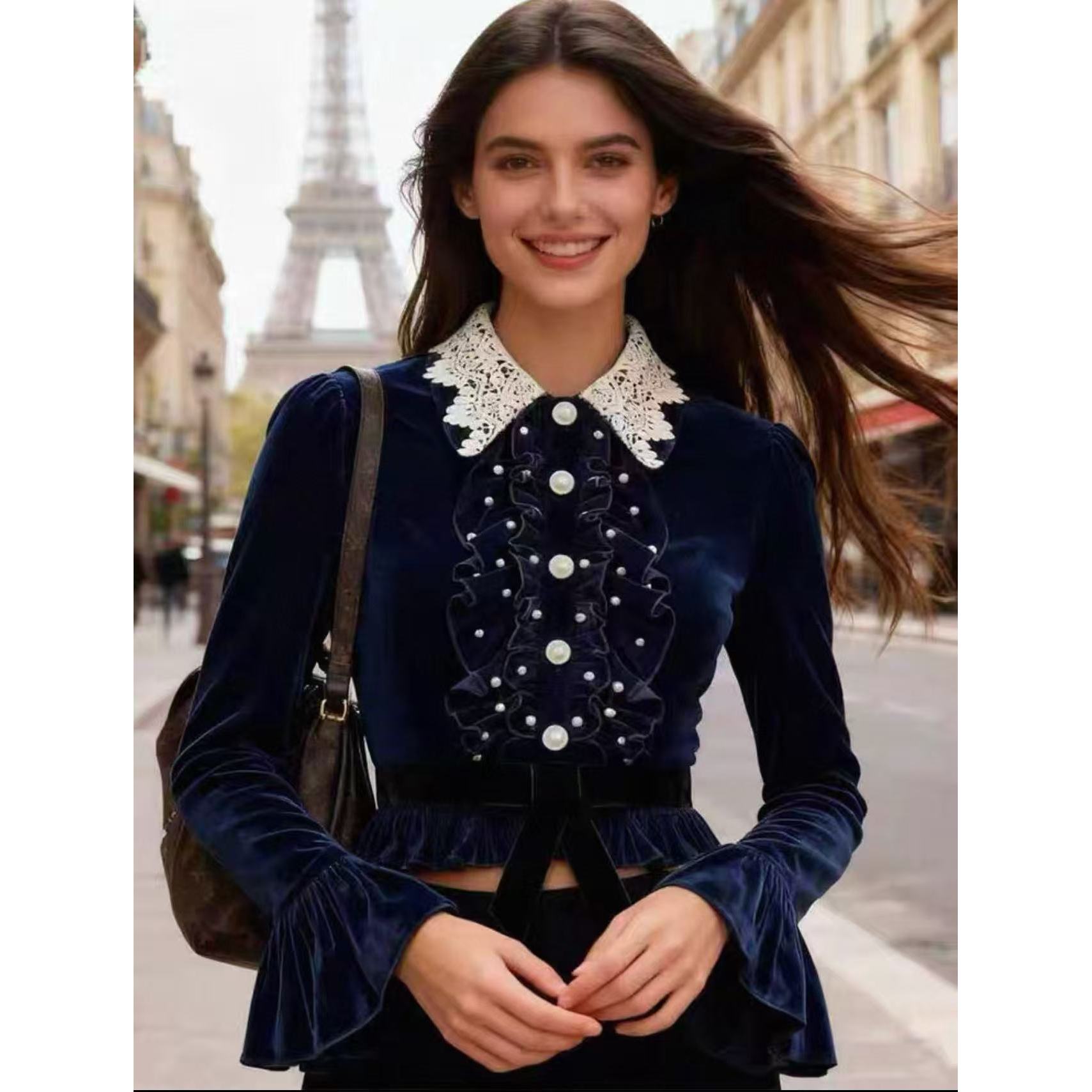 【DÉ MYSTÈRE】法式复古风蕾丝荷叶边丝绒长袖开衫上衣女GBMQ68225