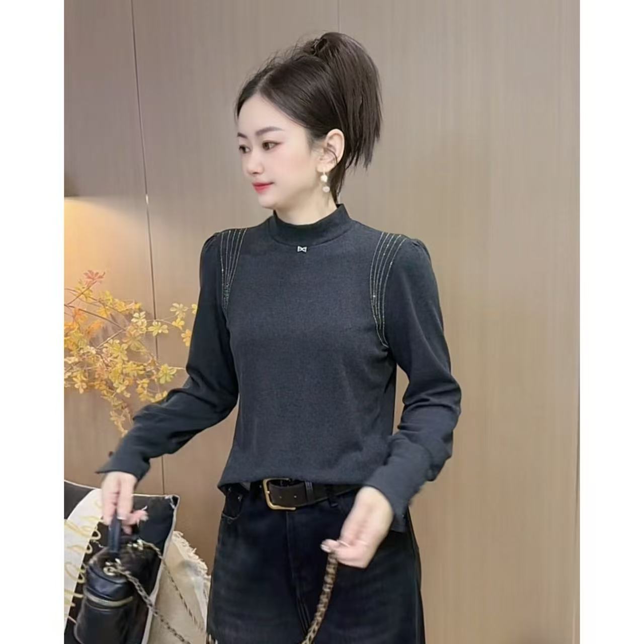 【1091】新品慕斯双面绒时尚洋气半高领长袖修身显瘦上衣