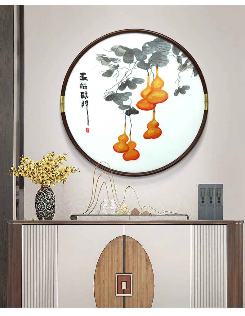 新中式圆形刺绣画玄关画餐厅画书房挂画茶室挂画五福葫芦