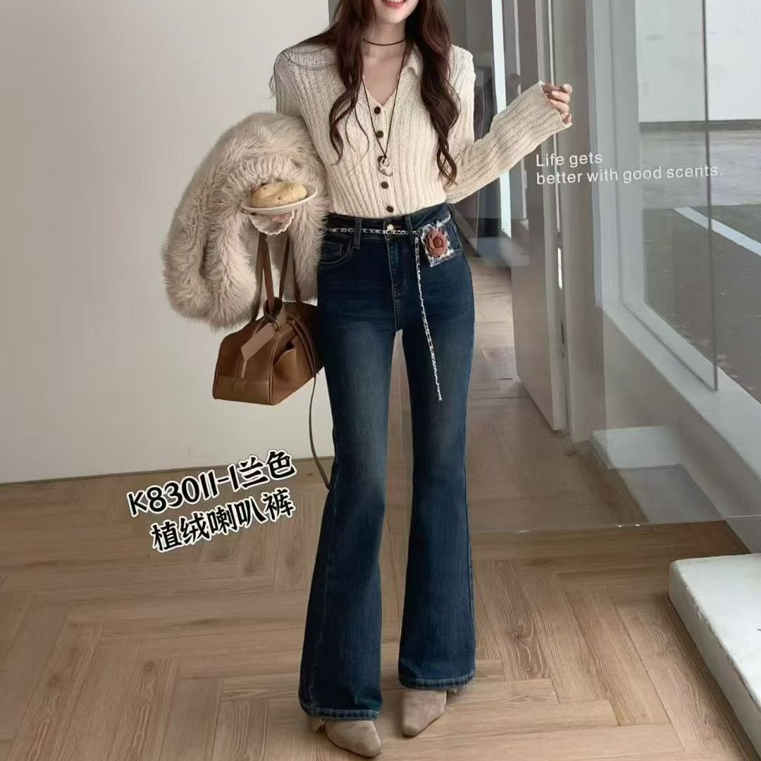 复古高腰微喇牛仔裤女秋冬新款修身显瘦弹力百搭拖地长裤89，9