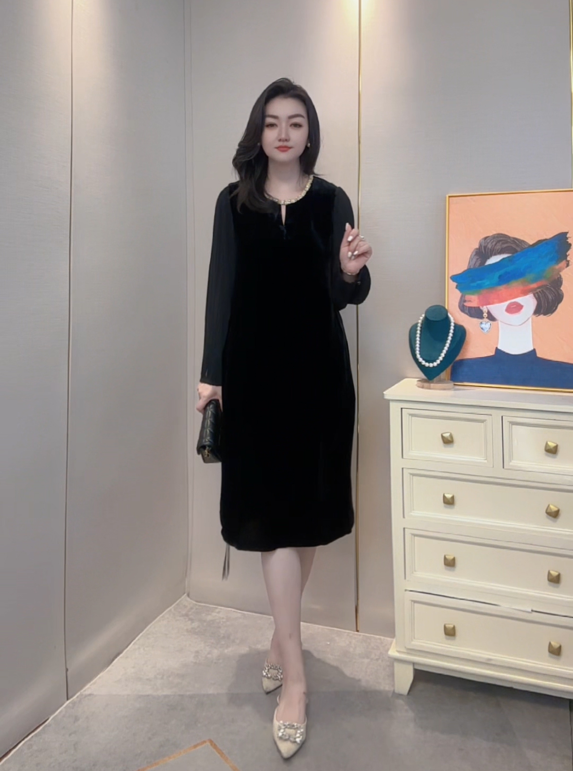 【深圳-南油】新款女装时尚显瘦设计百搭真丝丝绒禁机洗连衣裙25212
