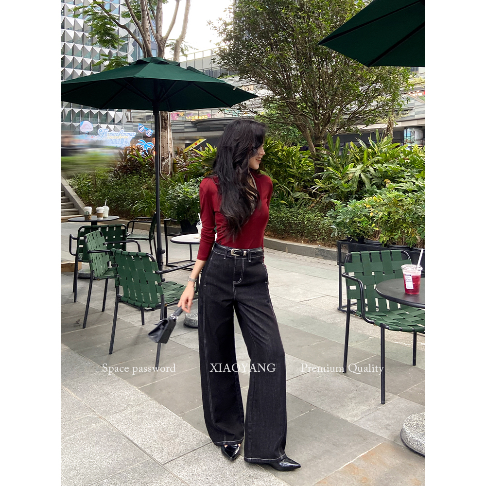 深色小个子阔腿牛仔裤~秋季2025新款复古简约百搭通勤长裤子女款