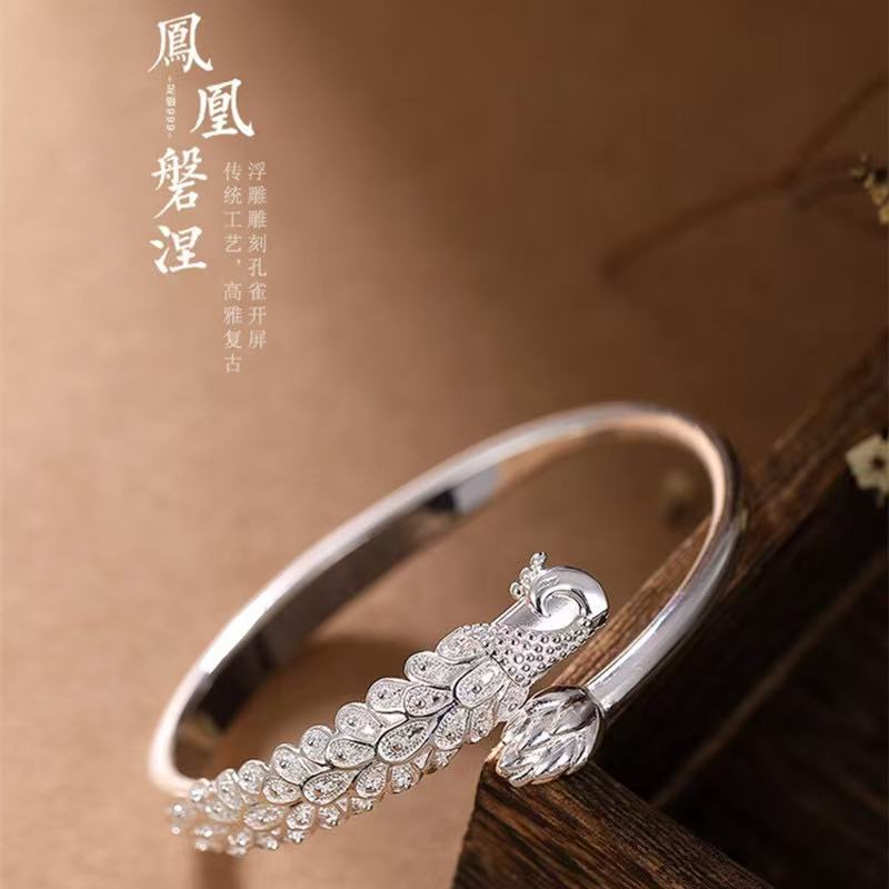 足银手镯 足银手镯  足银s9999 孔雀莲子开口手镯
