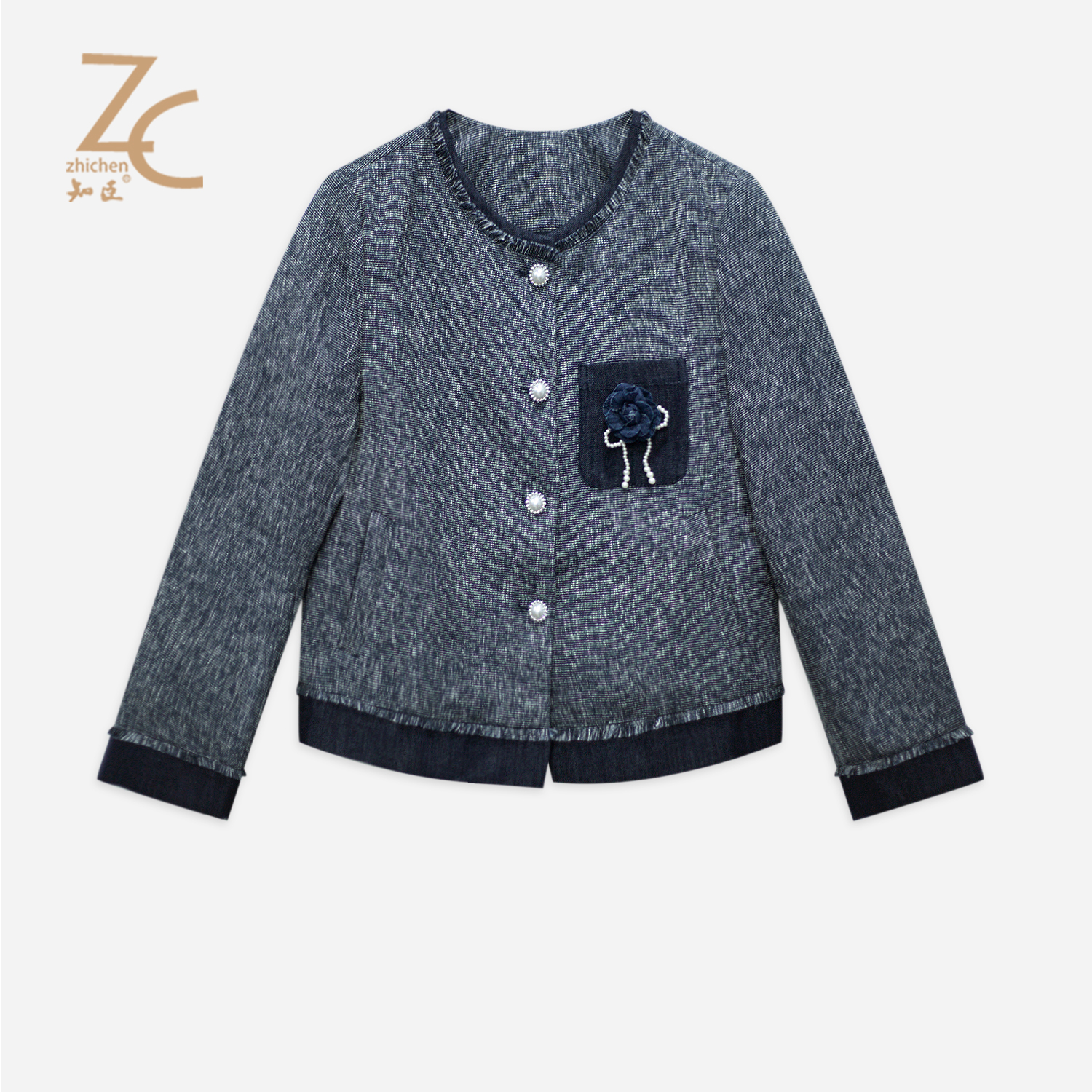 知臣初冬新品 通勤时尚干练牛仔蓝小香风外套女 T25814010