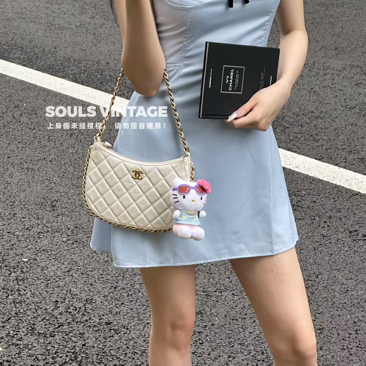 95新 Chanel/香奈儿 白金 皱纹羊皮 嬉皮hobo腋下包/659660557