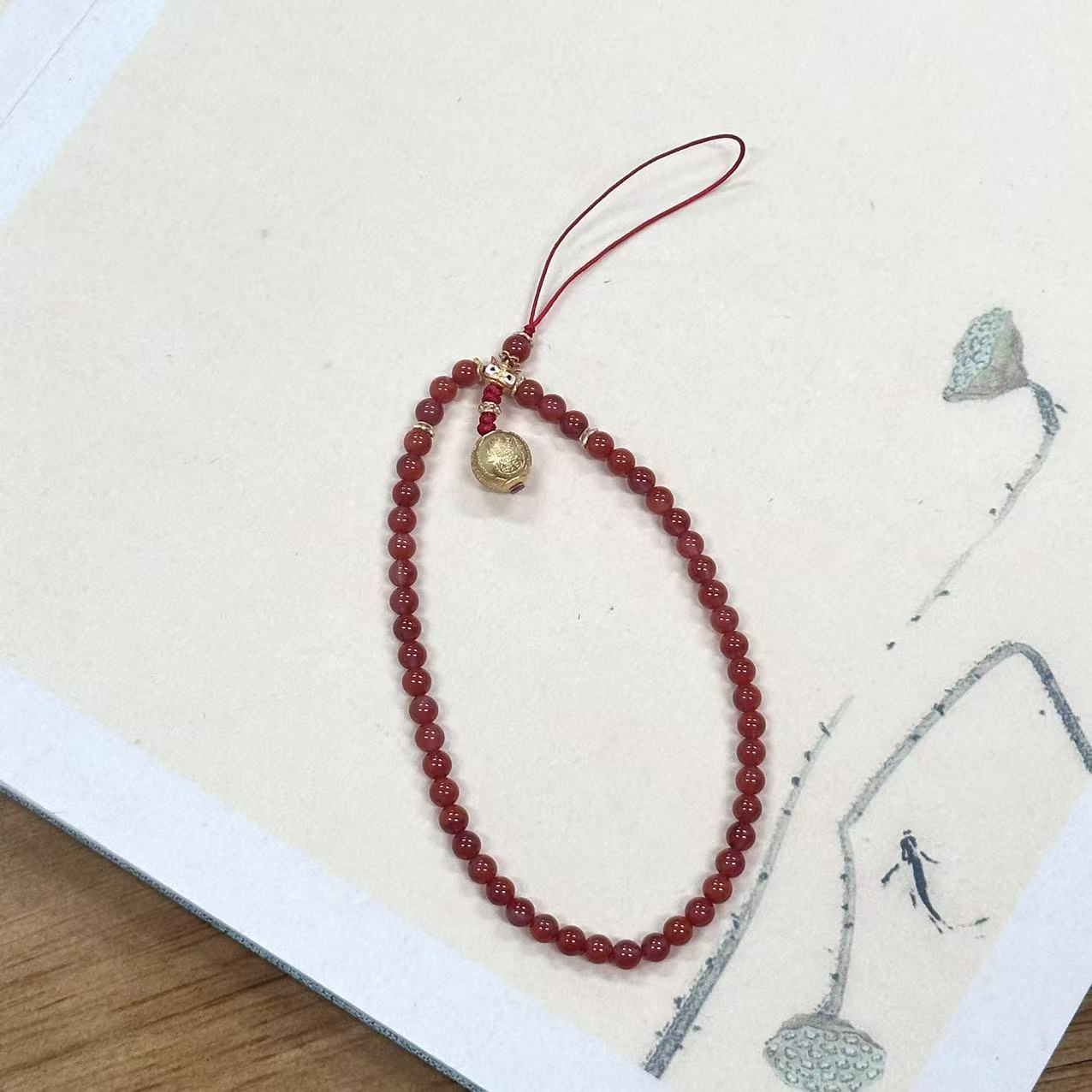 【不二】牛血红-川料九口南红DIY圆珠手机挂4mm（多样性发）