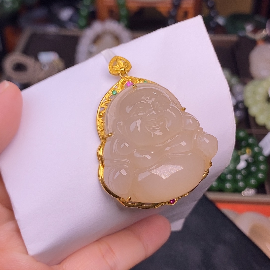 和田玉未镶嵌熟藕粉脂膏级镯芯天花板收藏18.K金佛公