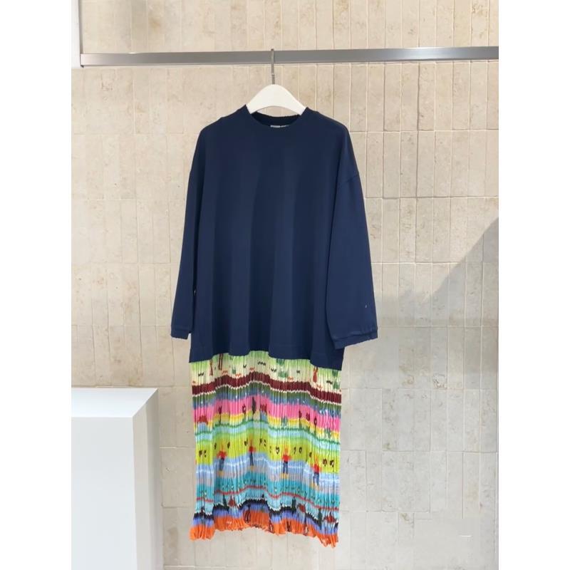 【现货】SS家 25春设计师款印花假两件拼接褶皱长袖连衣裙