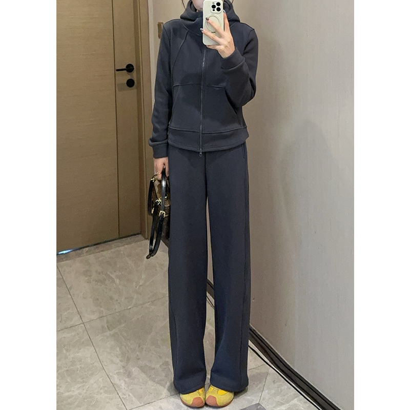 加绒套装女慵懒松弛感秋冬款连帽卫衣外套加厚直筒长裤保暖两件套