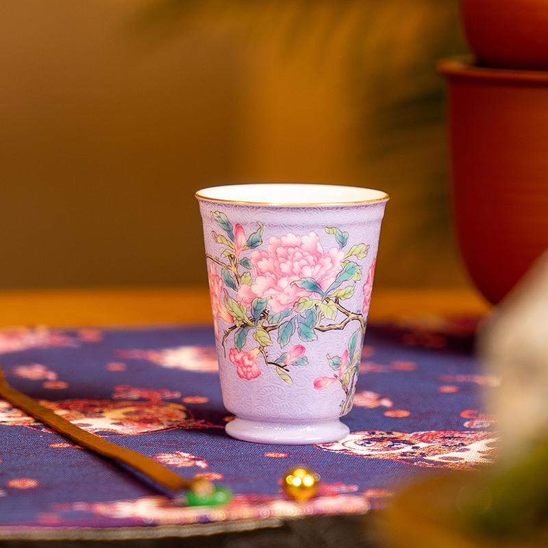 【伴斤茶舍】溢珍堂紫地扒花石榴花小闻香杯家用陶瓷主人杯手绘白瓷
