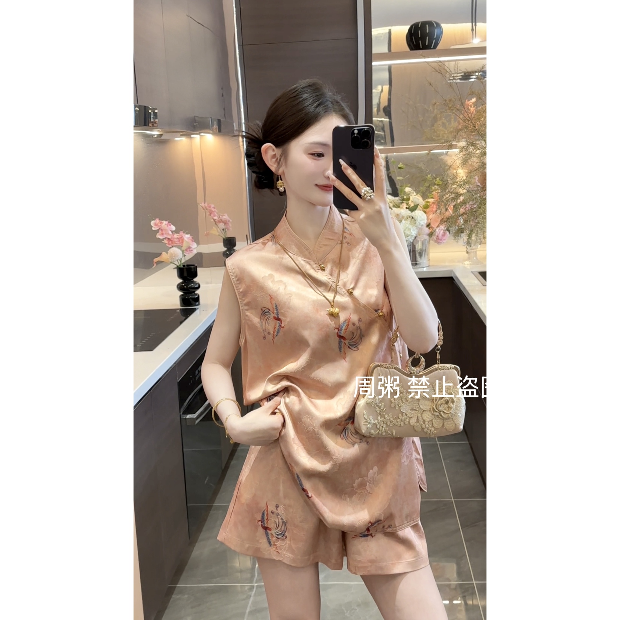 【周粥】【凤穿牡丹】2025新款国风缎面提花上衣+短裤预JJX5TZ3355