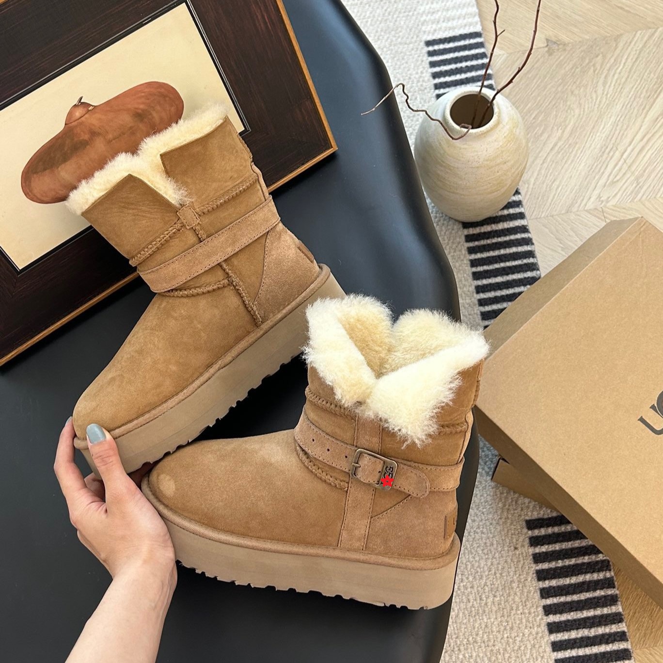 【桑坡雪地靴】骑士靴冬季保暖加绒增高时尚百搭女款中筒厚底雪地靴