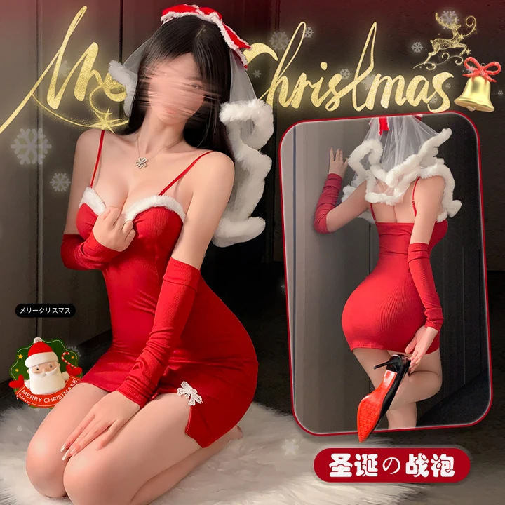 纯欲圣诞氛围感辣妹吊带连衣裙紧身性感夜店酒吧一字肩抹胸包臀裙