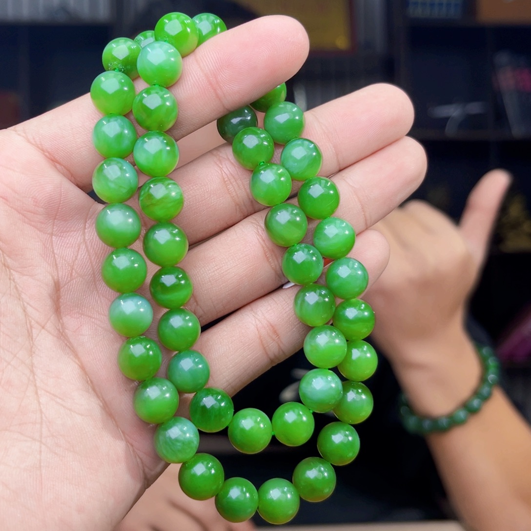 盘***长和田玉未镶嵌手串天然和田玉俄罗斯碧玉粉绿卡10