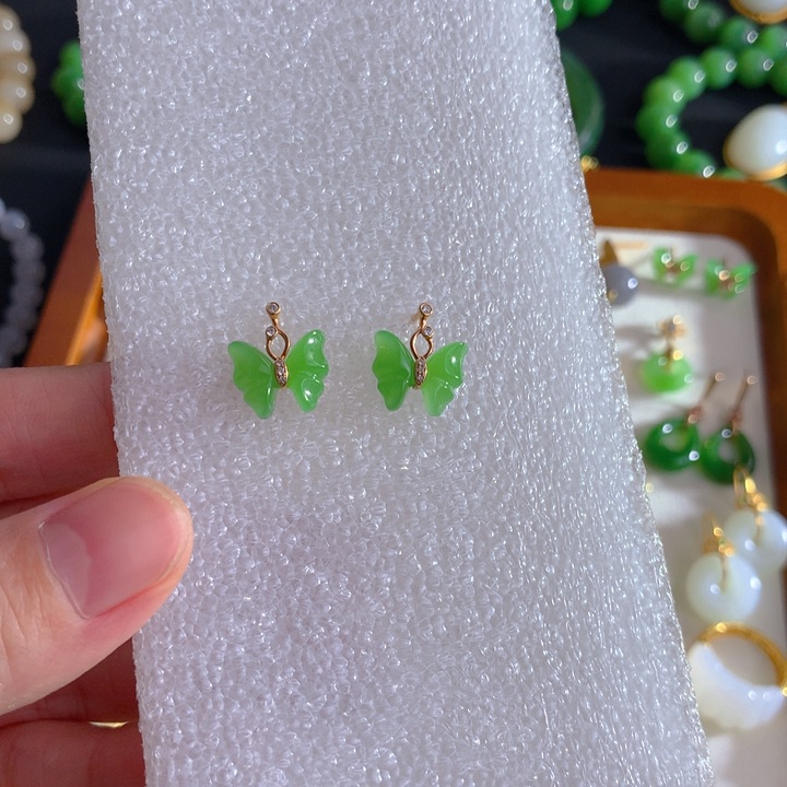和田玉（碧玉）18K金镶嵌耳饰茉*莉