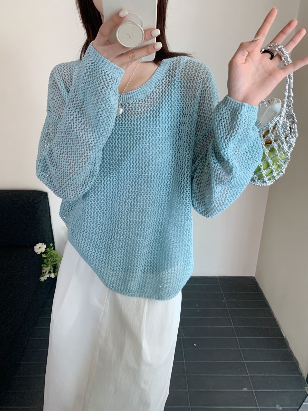 【素简.500121】春款上新亚麻亮片纱镂空两件套女装上新混纺针织衫