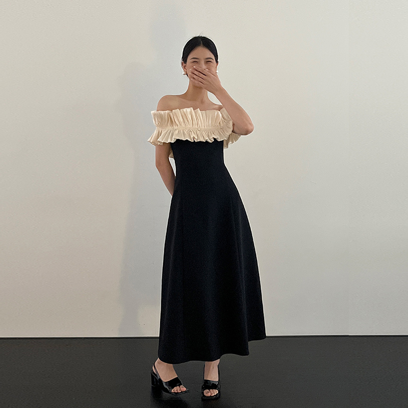 法式复古花边一字肩连衣裙女夏季新款高级感两穿礼服长裙11133